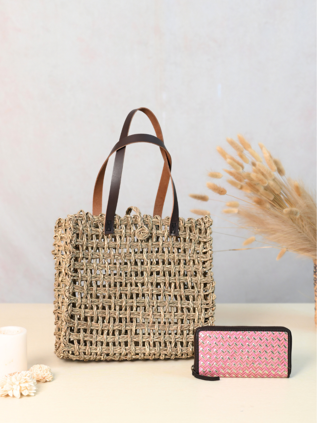 Handmade Sabai Grass Mesh Bag + Sitalpatti wallet