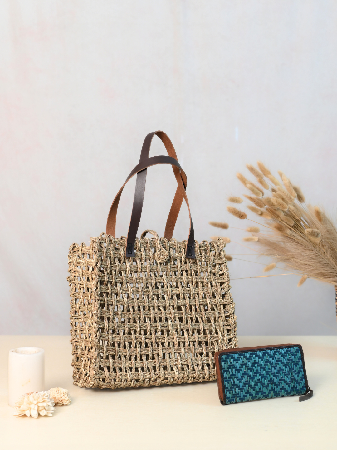 Handmade Sabai Grass Mesh Bag + Sitalpatti wallet