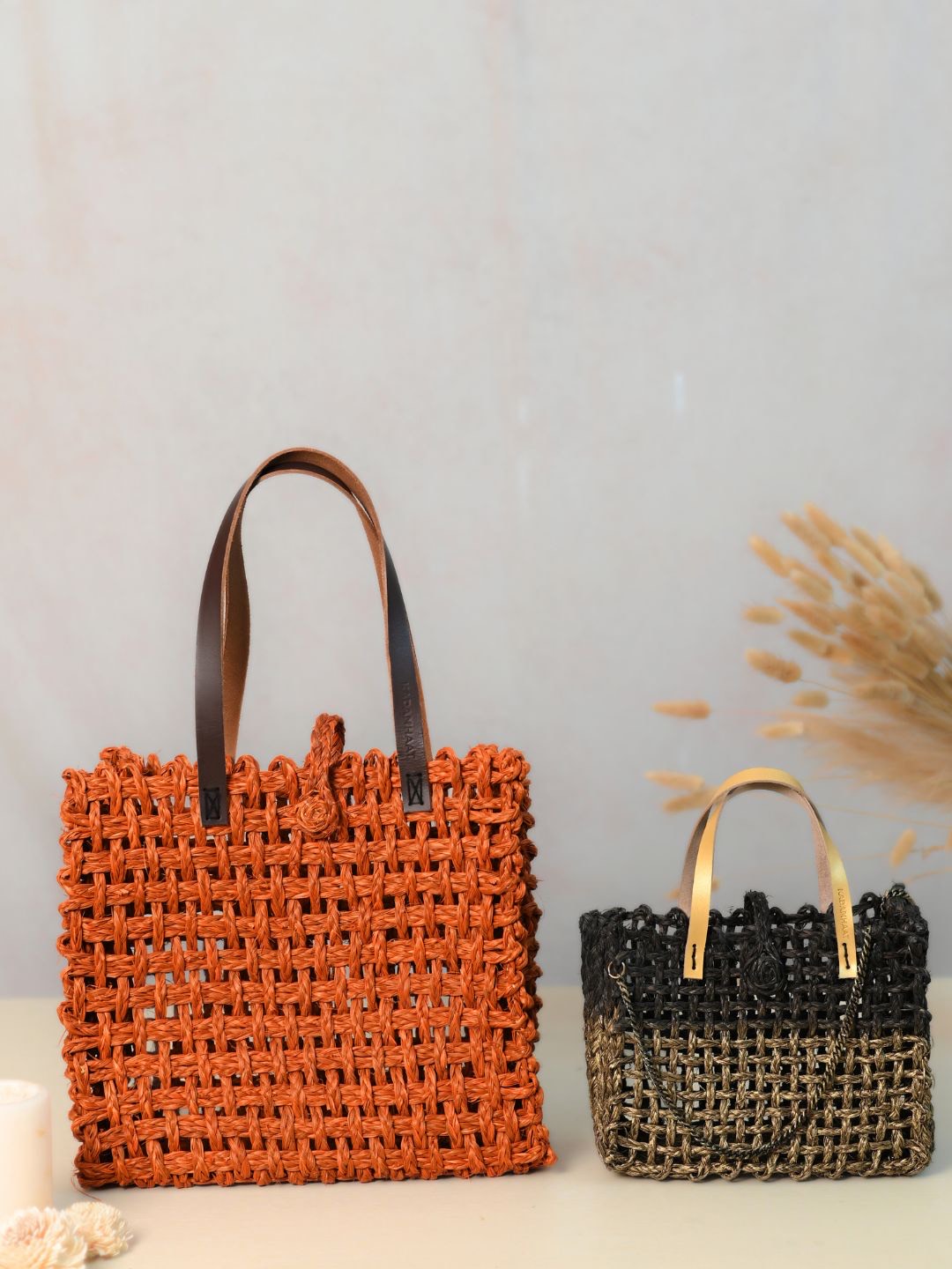 Handmade sabai grass mesh large and small mesh bag - combo of 2