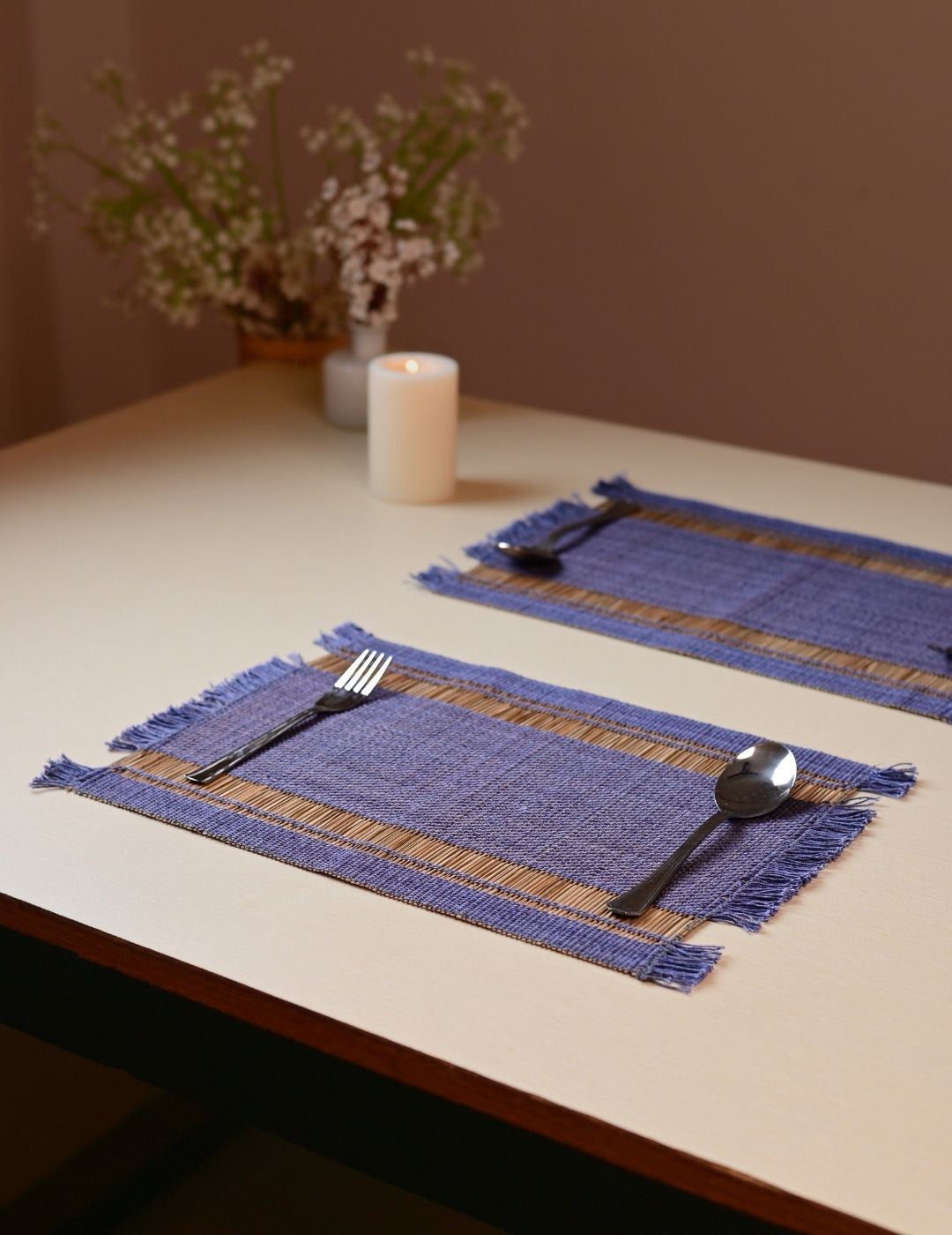 Handmade madurkathi table mat set of 4 - blueberry