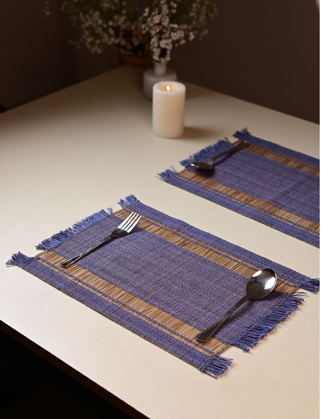 Handmade madurkathi table mat set of 4 - blueberry