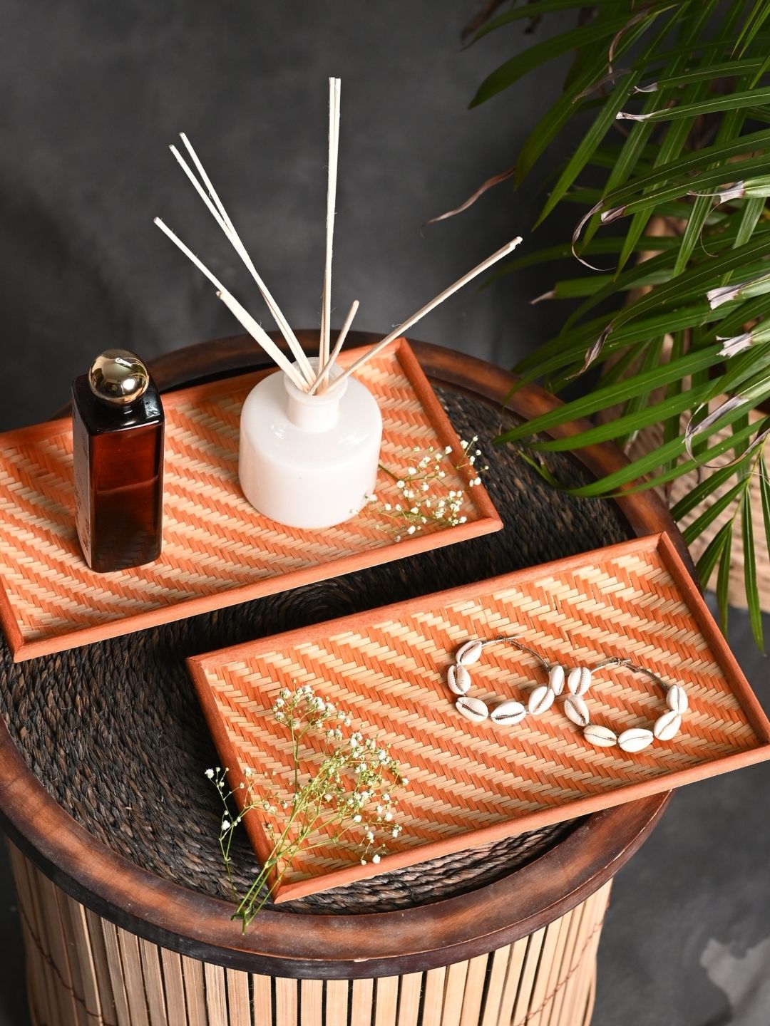 Handmade Bamboo Rectangular Bedside Tray - Orange - Kadam Haat