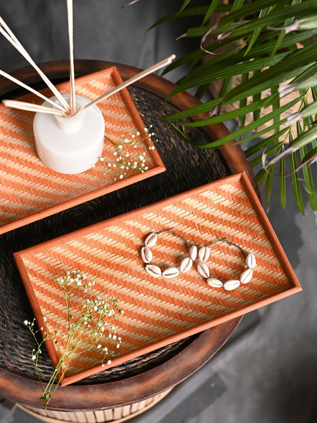 Handmade Bamboo Rectangular Bedside Tray - Orange - Kadam Haat