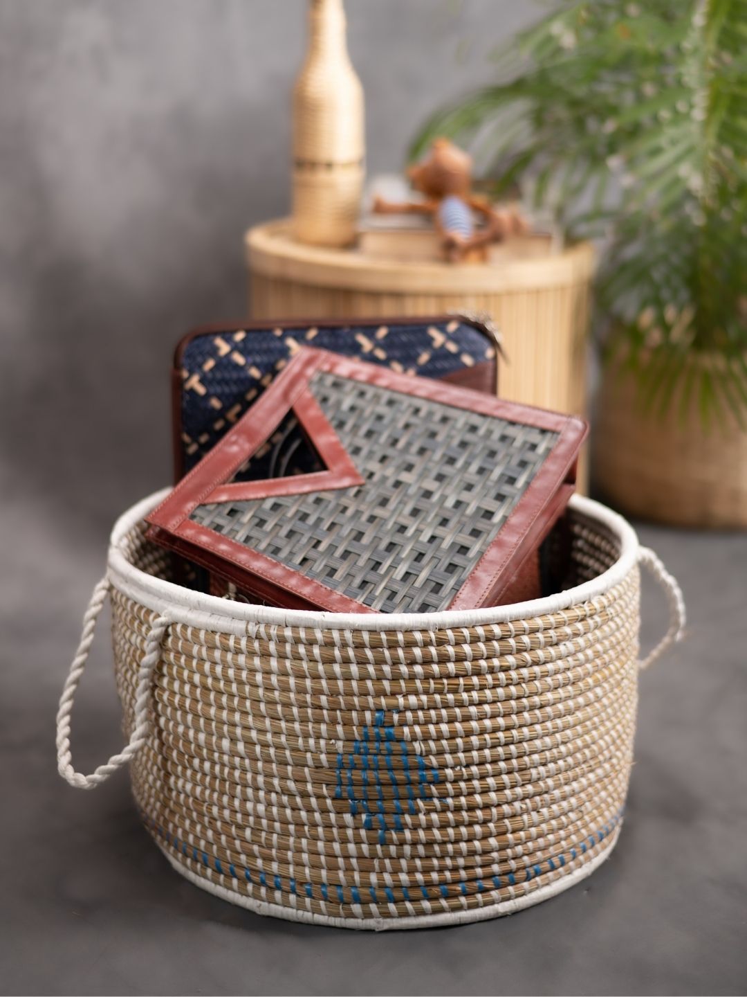 Handmade Moonj Grass Declutter Basket - Indigo - Diamond - Kadam Haat