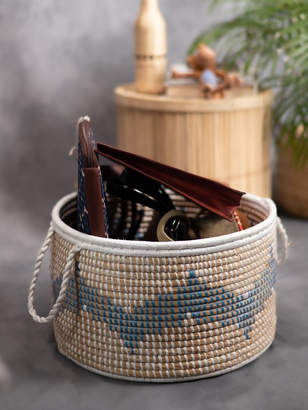 Handmade Moonj Grass Declutter Basket - Indigo - Wave - Kadam Haat