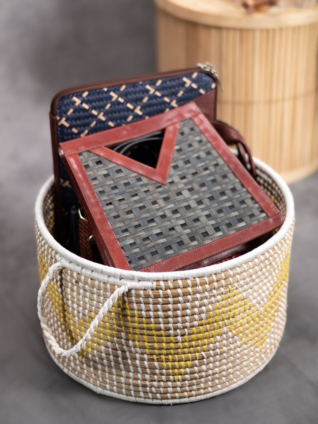 Handmade Moonj Grass Declutter Basket - Yellow - Wave - Kadam Haat