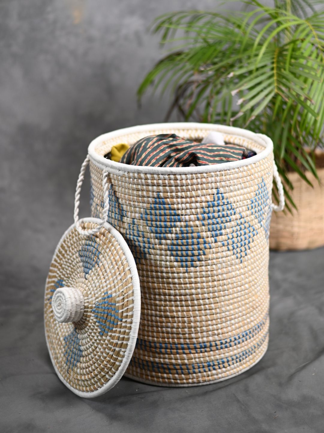 Handmade Moonj Grass Laundry Basket - Indigo - Diamond - Kadam Haat