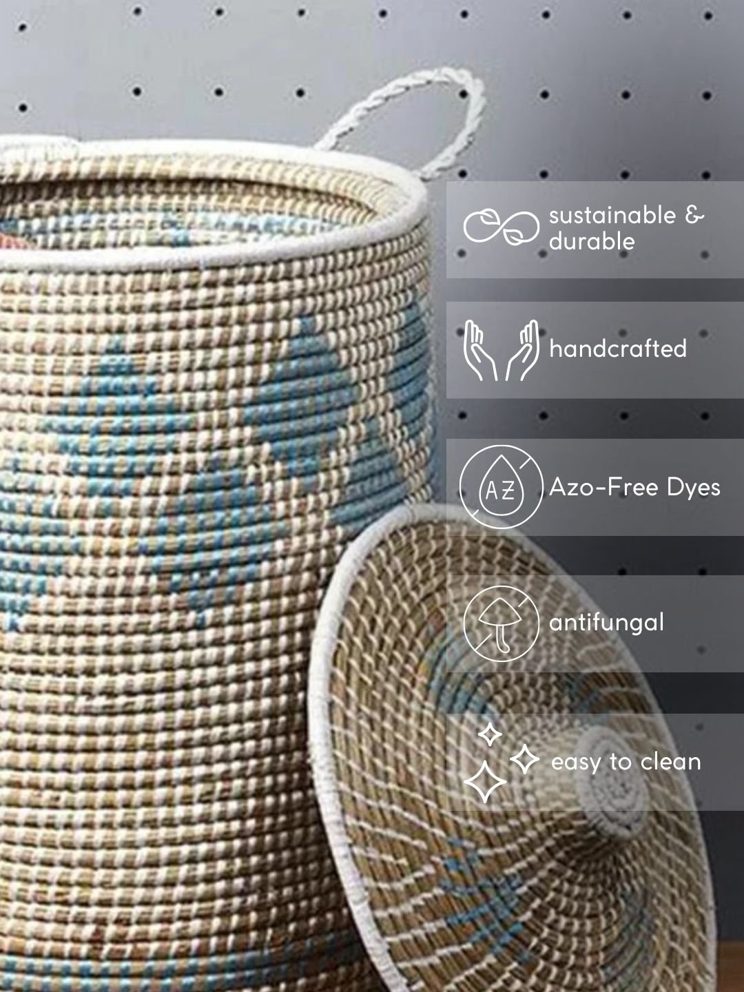 Handmade Moonj Grass Laundry Basket - Indigo - Diamond - Kadam Haat