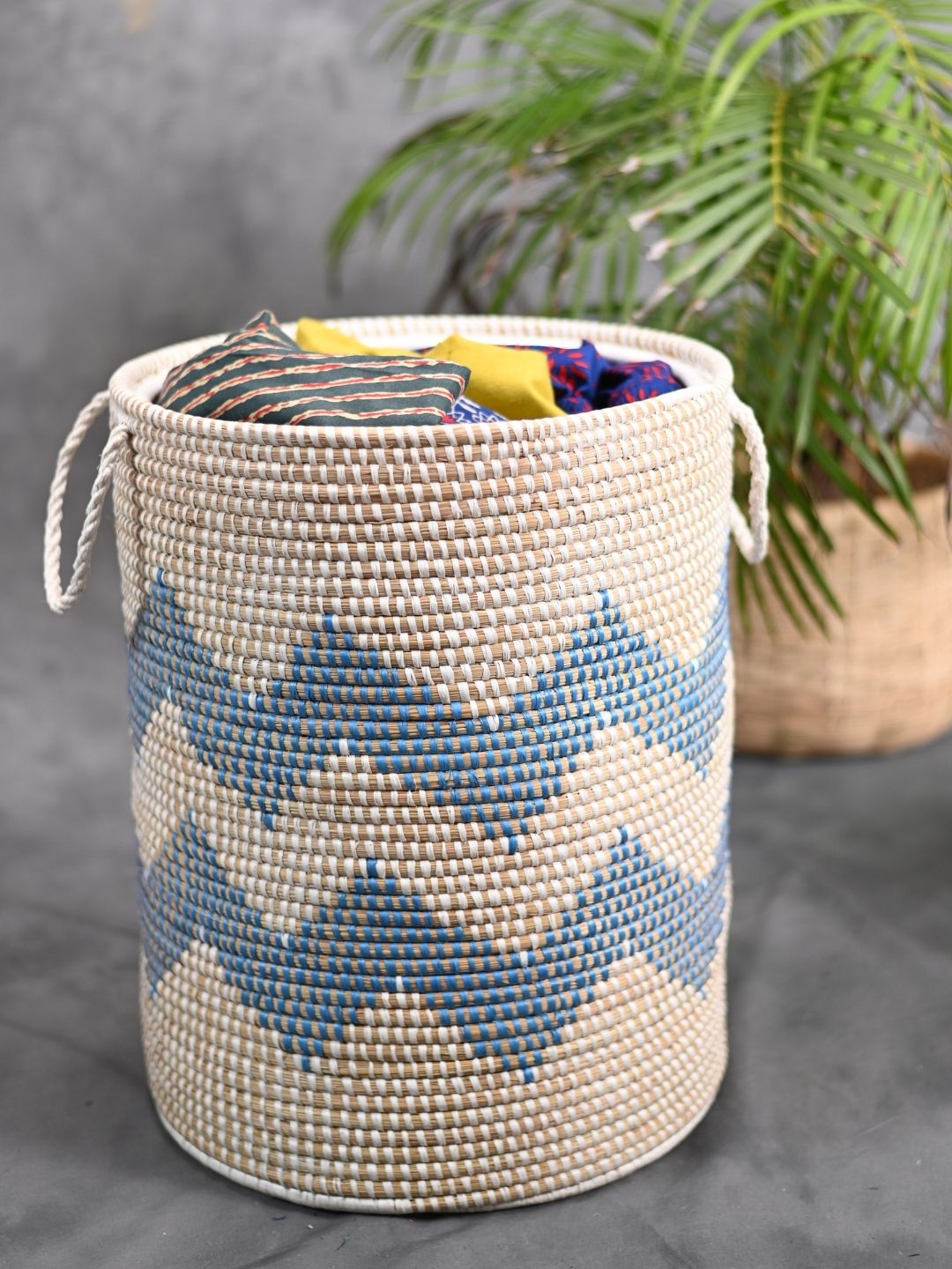 Handmade Moonj Grass Laundry Basket - Indigo - Wave - Kadam Haat