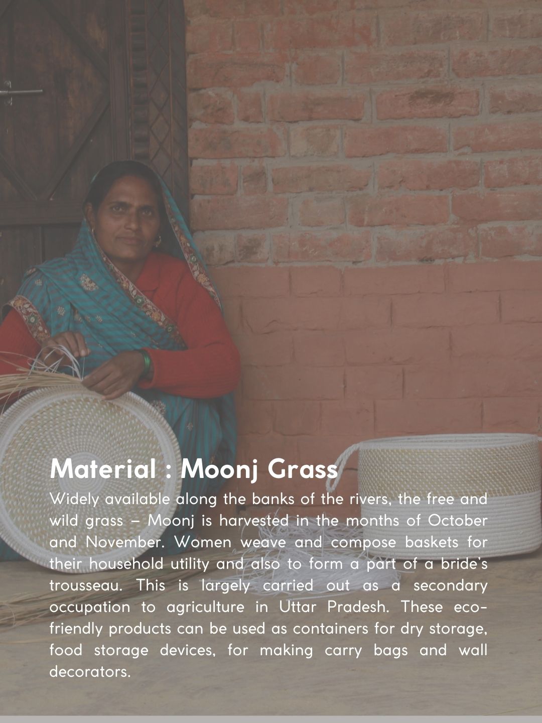 Handmade Moonj Grass Laundry Basket - White - Line - Kadam Haat