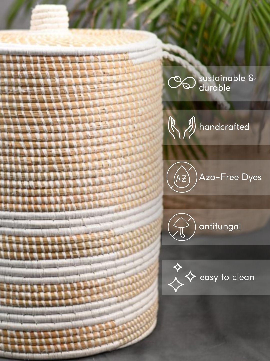 Handmade Moonj Grass Laundry Basket - White - Line - Kadam Haat