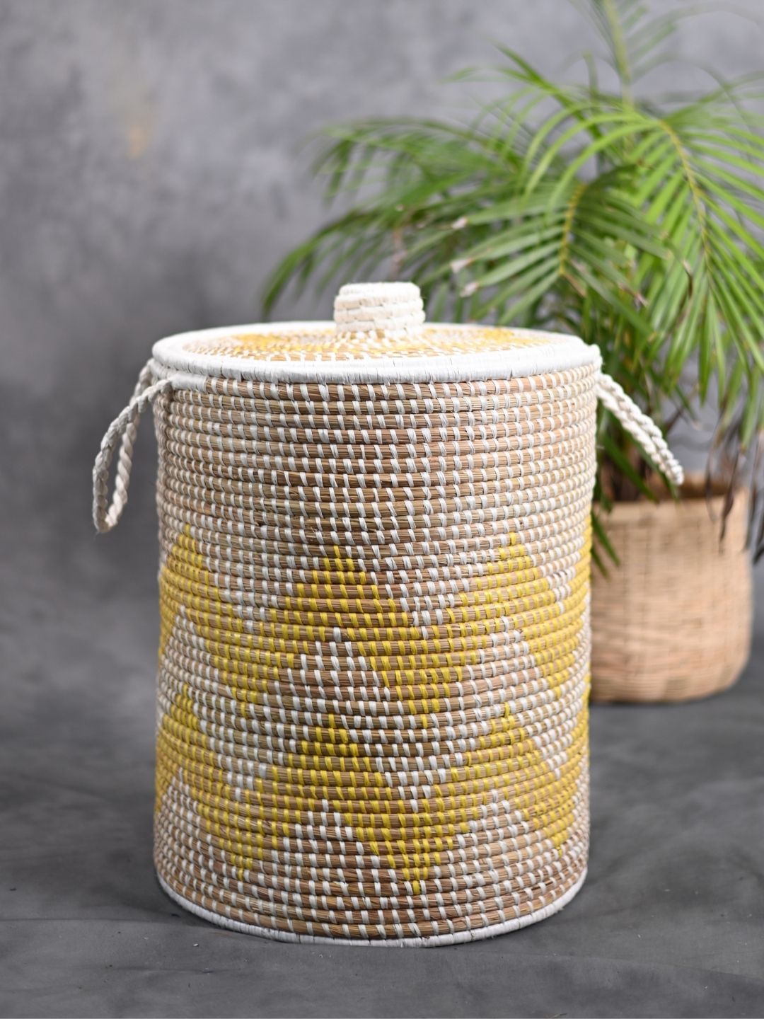 Handmade Moonj Grass Laundry Basket - Yellow - Wave - Kadam Haat