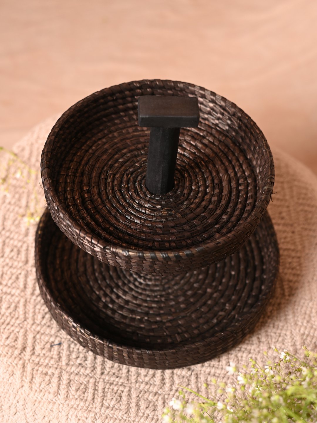 Handmade Moonj Two Tier Basket - Black - Kadam Haat