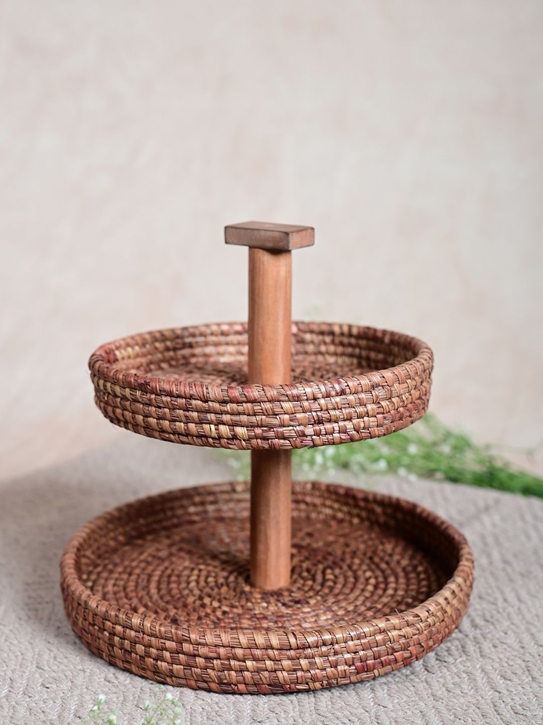 Handmade Moonj Two Tier Basket - Natural - Kadam Haat