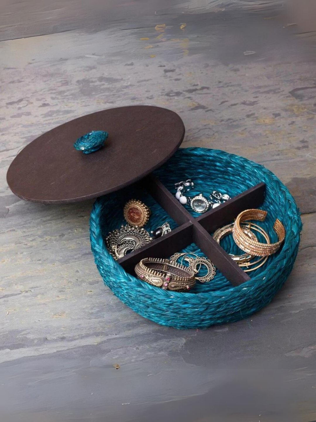 Handmade Sabai Grass Jewellery Box - Indigo - Kadam Haat