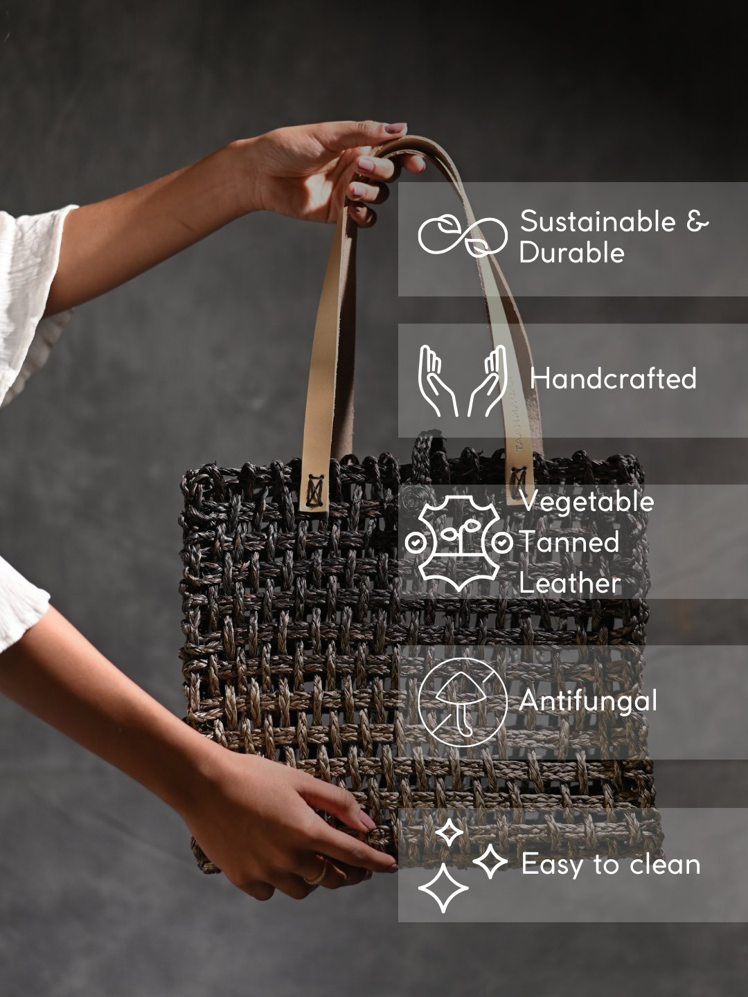 Handmade Sabai Grass Mesh Bag - Black & Gold - Kadam Haat