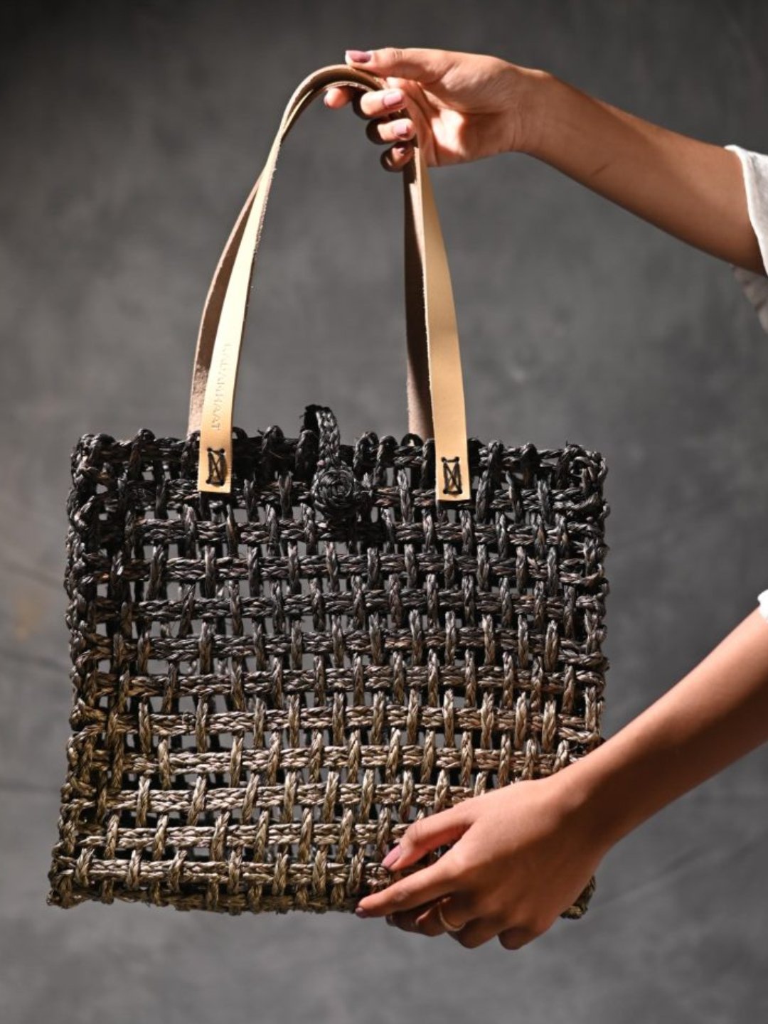 Handmade Sabai Grass Mesh Bag - Black & Gold - Kadam Haat